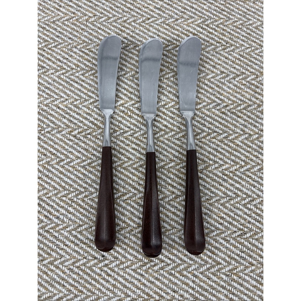 SET OF 3 EKCO ETERNA STAINLESS FLATWARE FAUX WOOD HANDLE EAGLE‎ BUTTER SPREADERS